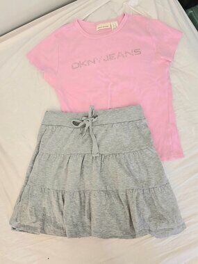 DKNY pink top and grey skirt